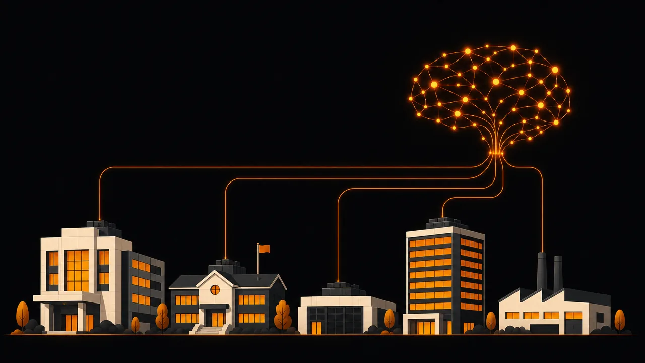 A hospital, a school, a data center, an office tower and a plant at night, each wired up to one glowing brain network above them