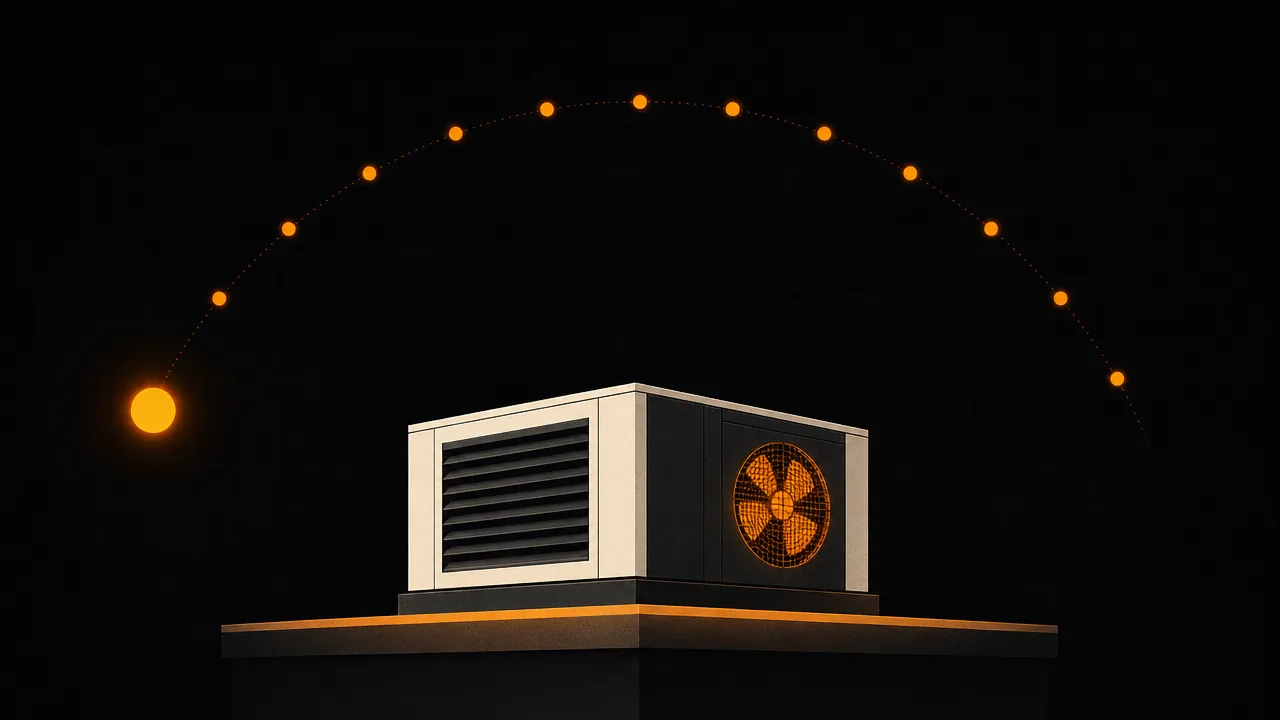 A rooftop air handler on a lit ledge at night, with the sun's path arcing across the sky above it