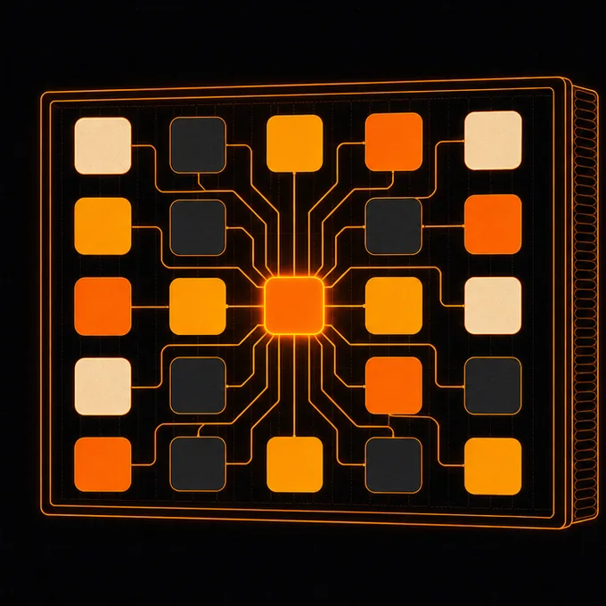 A filter panel filled with a grid of glowing knowledge tiles, all wired to one bright core