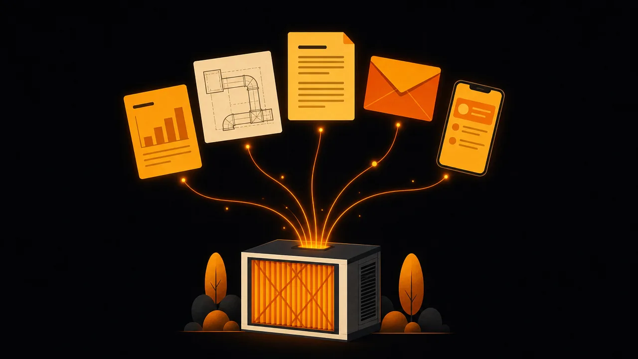 An air cleaning unit sending streams of light up to a report, a duct drawing, a spec sheet, an email and a phone