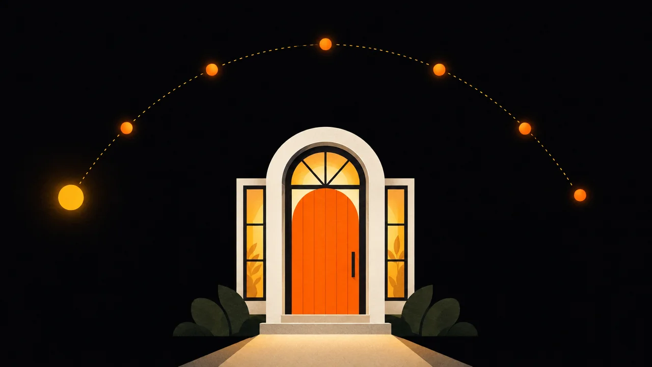 A glowing arched front door at the end of a lit path, with the sun's path arcing across the night sky above