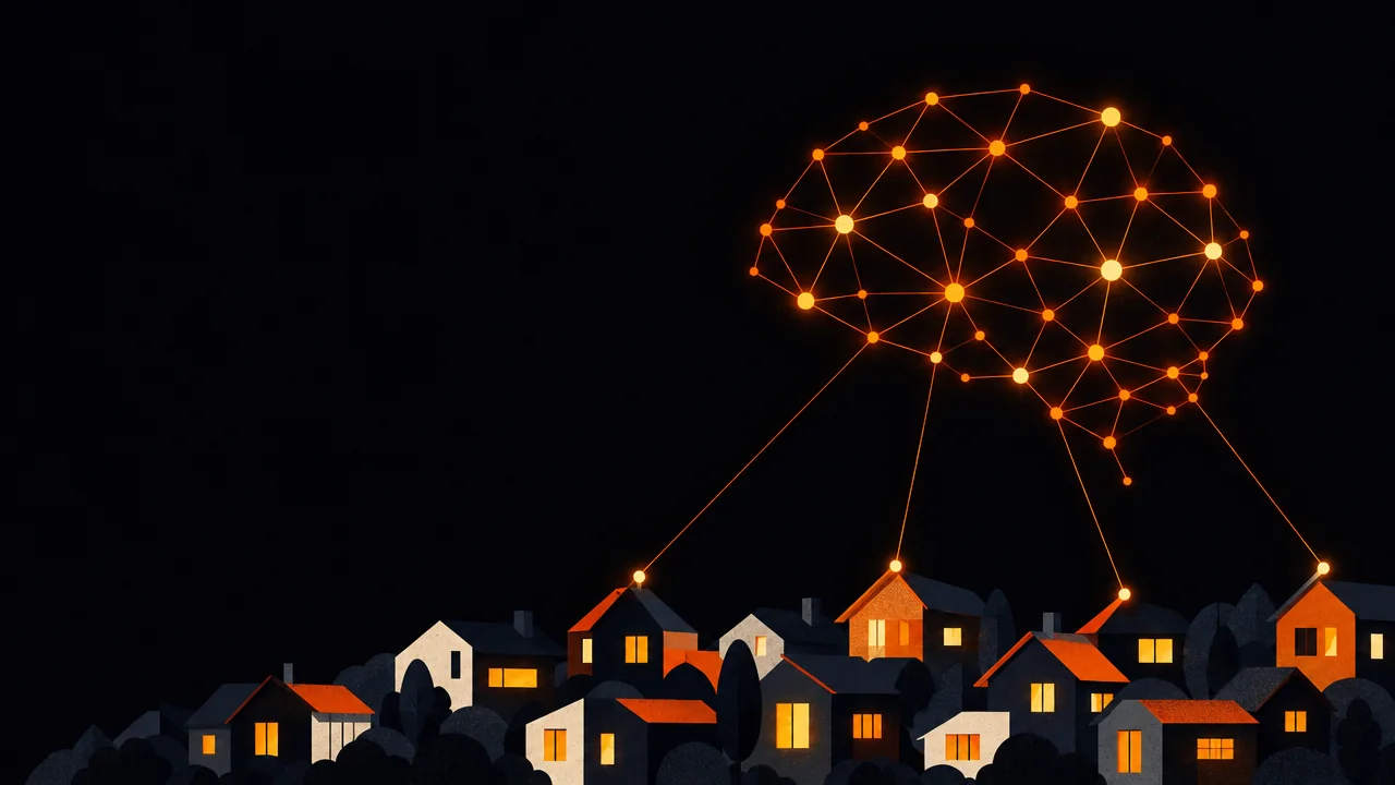 A neighborhood of lit homes at night, each wired up to one glowing brain network above them