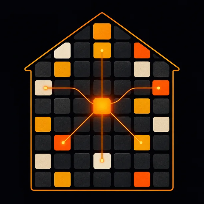 A house outline filled with a grid of glowing knowledge tiles, all wired to one bright core