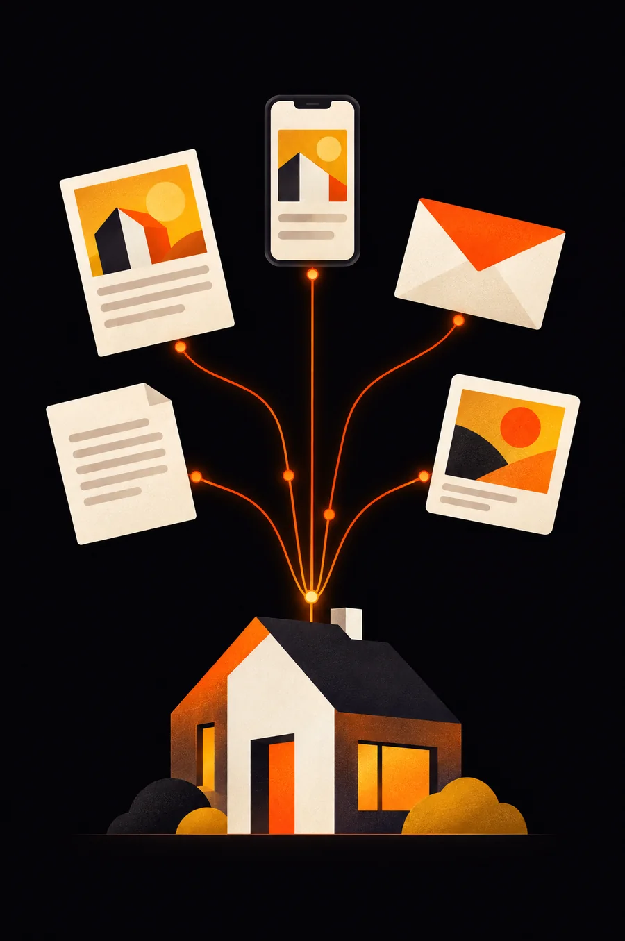 A small house sending streams of light up to a phone, a flyer, an email, photos and a document