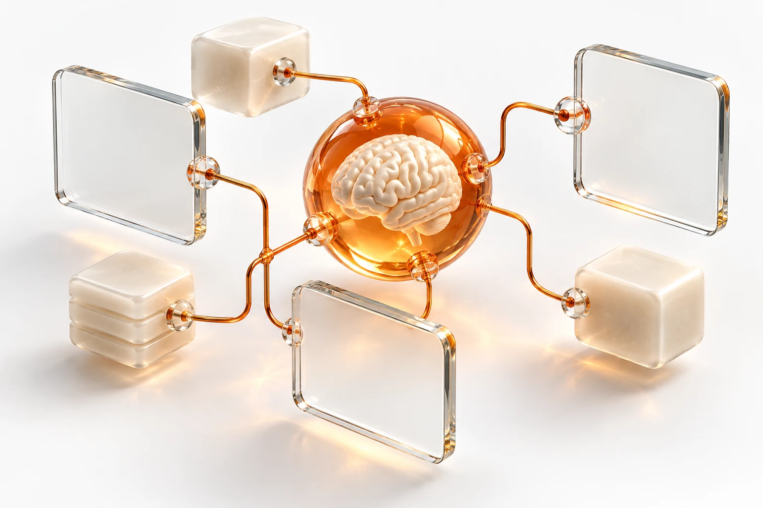 Glass knowledge cards and frosted document blocks connected to a luminous brain core
